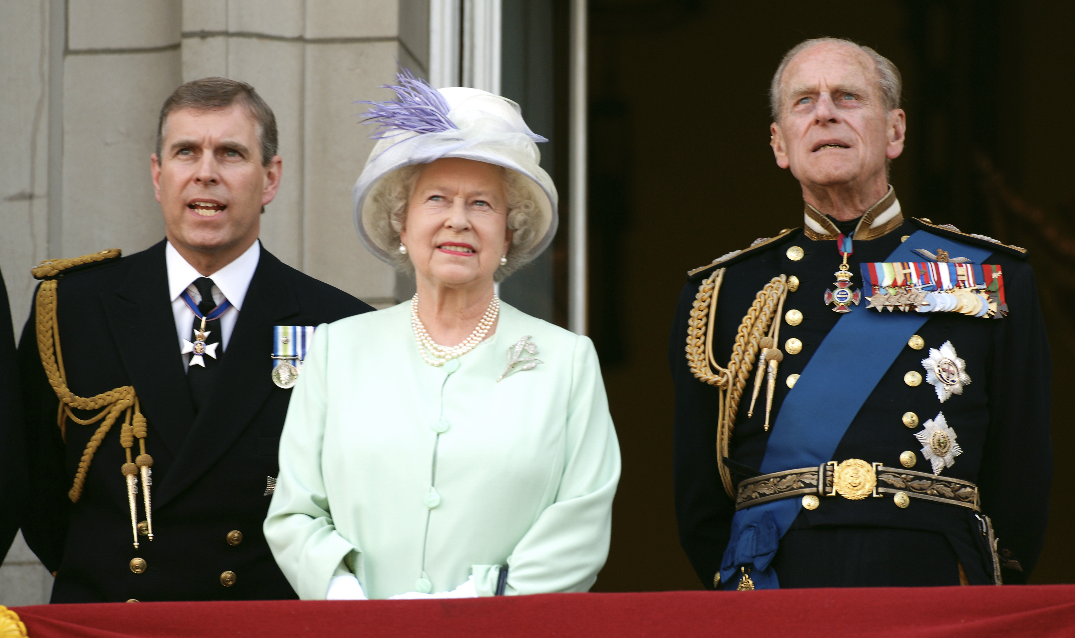 Prince Philip on the Buckingham Palace balcony with his wife Queen Elizabeth and son Prince Andrew