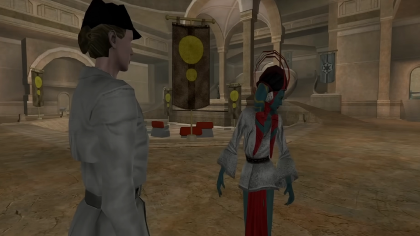 An empire stooge questions an entertainer in Star Wars Galaxies.