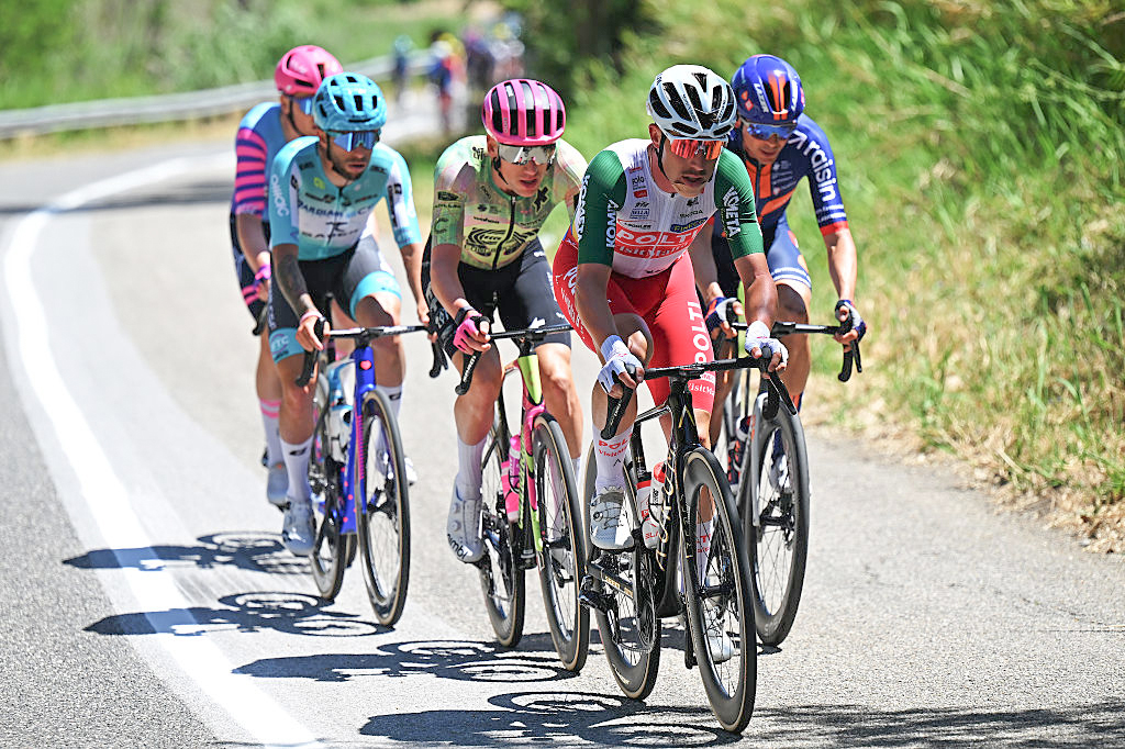 COSENZA, ITALY - MAY 12: (L-R) Niklas Larsen of Denmark and Team Unibet Rose Rockets, Martin Marcellusi of Italy and Team Bardiani CSF 7 Saber, Darren Rafferty of Ireland and Team EF Education - EasyPost, Mattia Bais of Italy and Team Polti VisitMalta and Warren Barguil of France and Team Picnic PostNL compete in the breakaway during the 109th Giro d'Italia 2026, Stage 4 a 138km stage from Catanzaro to Cosenza / #UCIWT / on May 12, 2026 in Cosenza, Italy. (Photo by Tim de Waele/Getty Images)