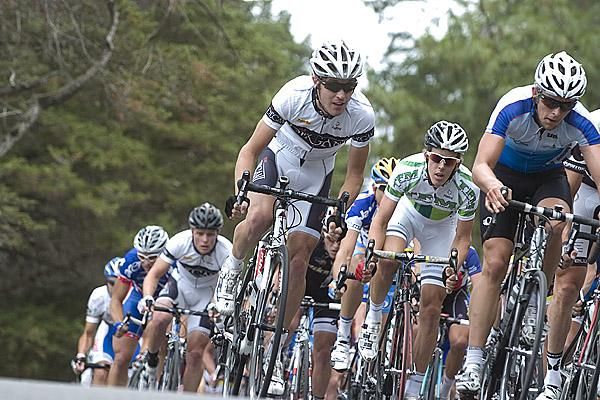 Johnnie Walker (centre) of Team Delgani Cycling Caf&eacute; in action on the back of the course.
