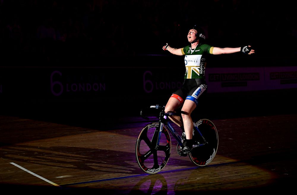 Katie Archibald of Great Britain celebrates winning the Womens Elimination Race on day four of the London Six Day