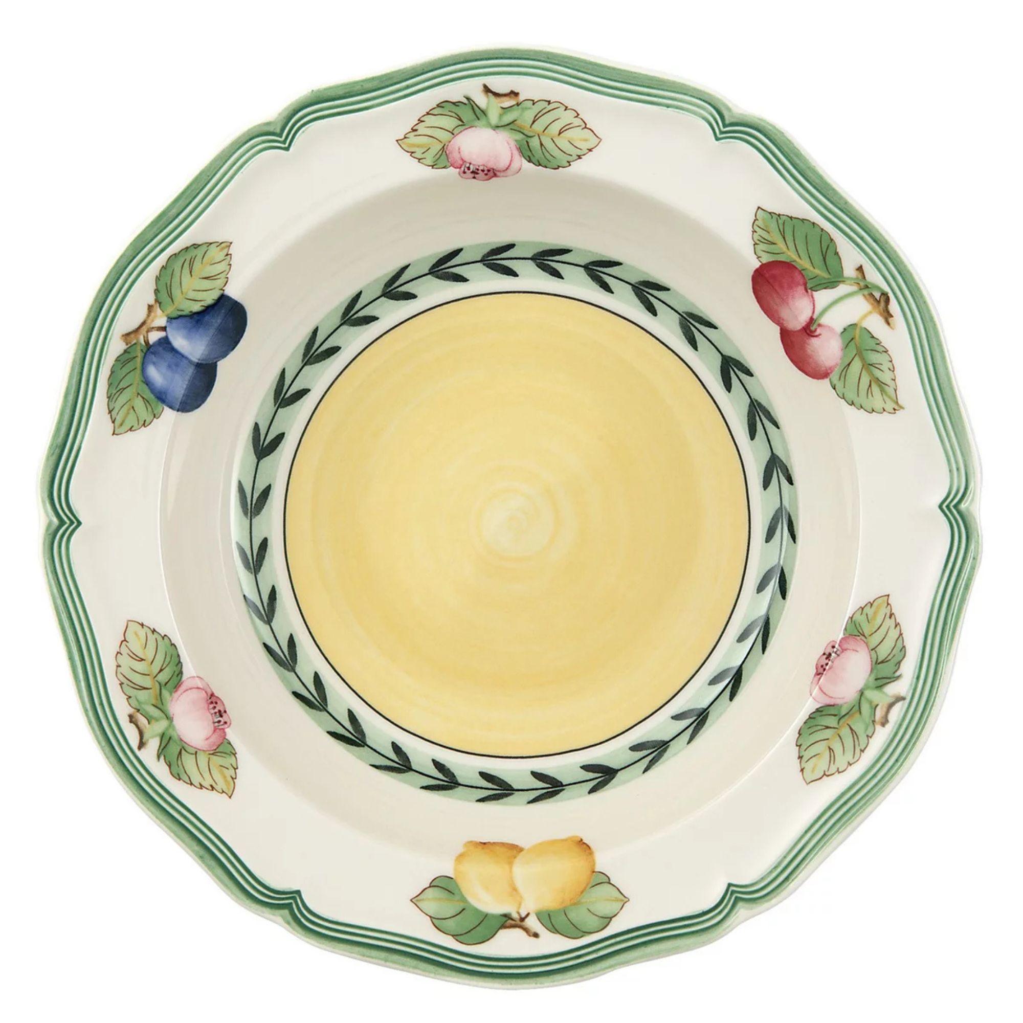 White cereal bowl with fruit design, green rim, and yellow center