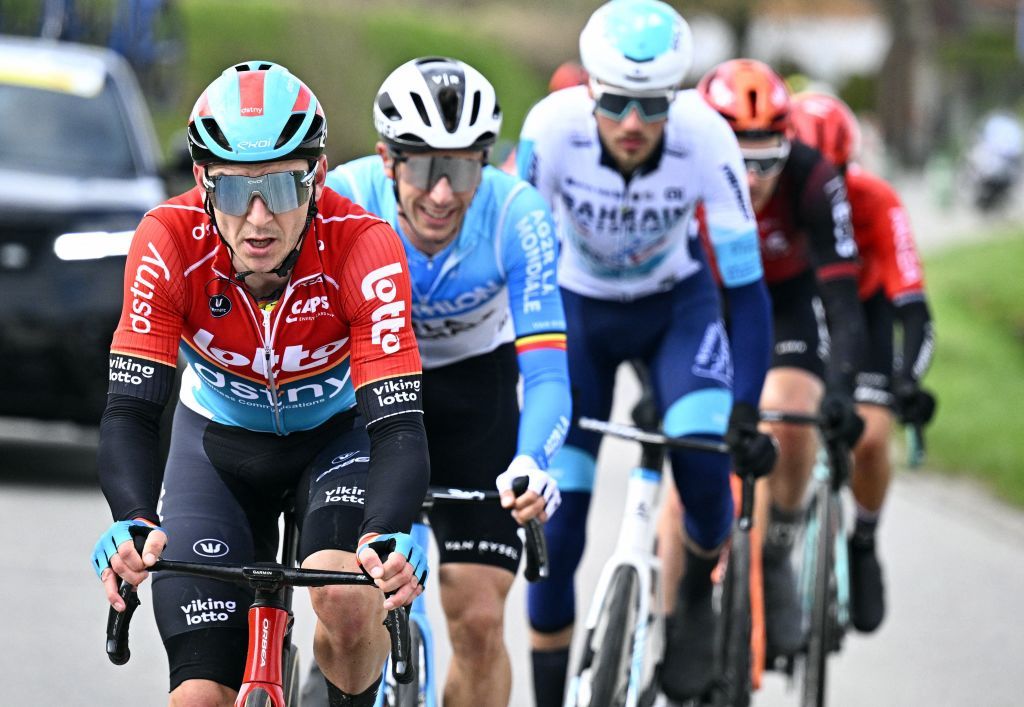 Belgian Jasper De Buyst of Lotto Dstny and Belgian Dries De Bondt of Decathlon Ag2r La Mondiale Team pictured in action during the Kuurne-Brussels-Kuurne one day cycling race, 196,4 km from Kuurne to Kuurne via Brussels, Sunday 25 February 2024. BELGA PHOTO JASPER JACOBS (Photo by JASPER JACOBS / BELGA MAG / Belga via AFP)