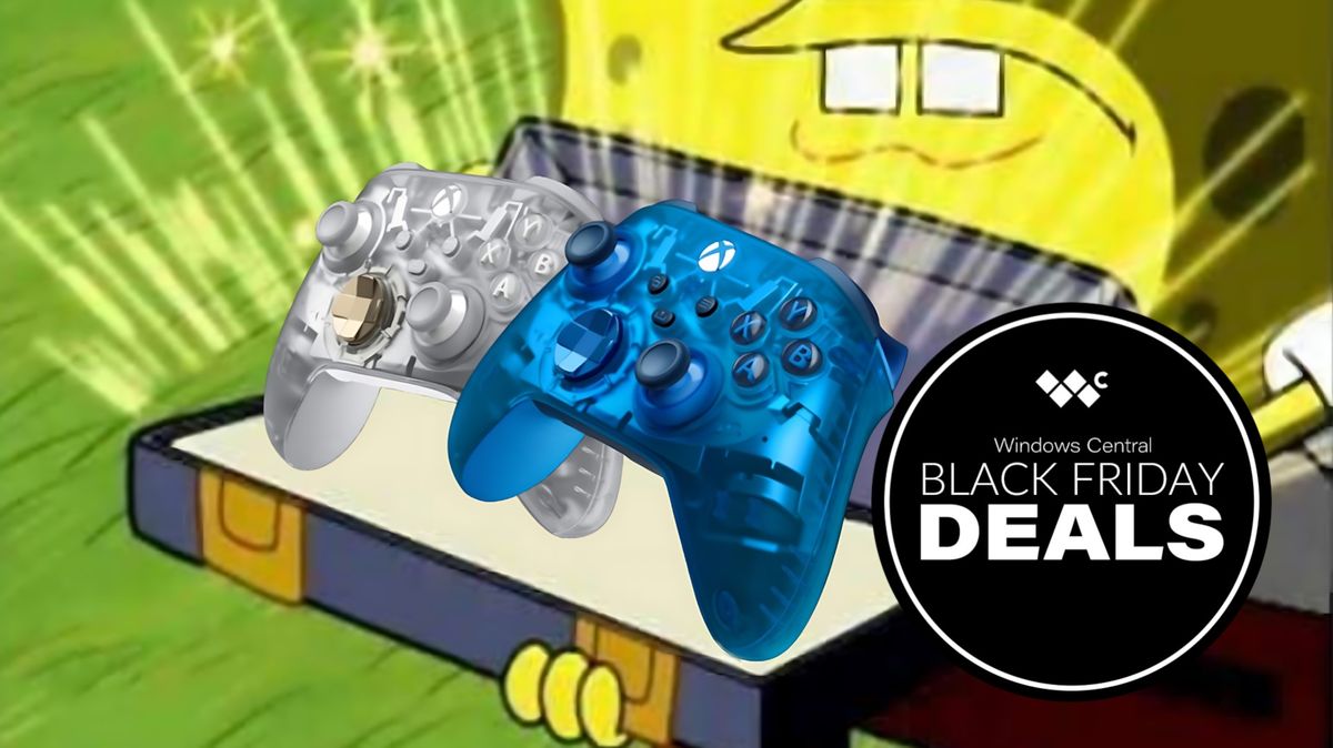 Spongbob holding open a treasure chest revealing the Blue and Ghost Cipher Xbox controllers