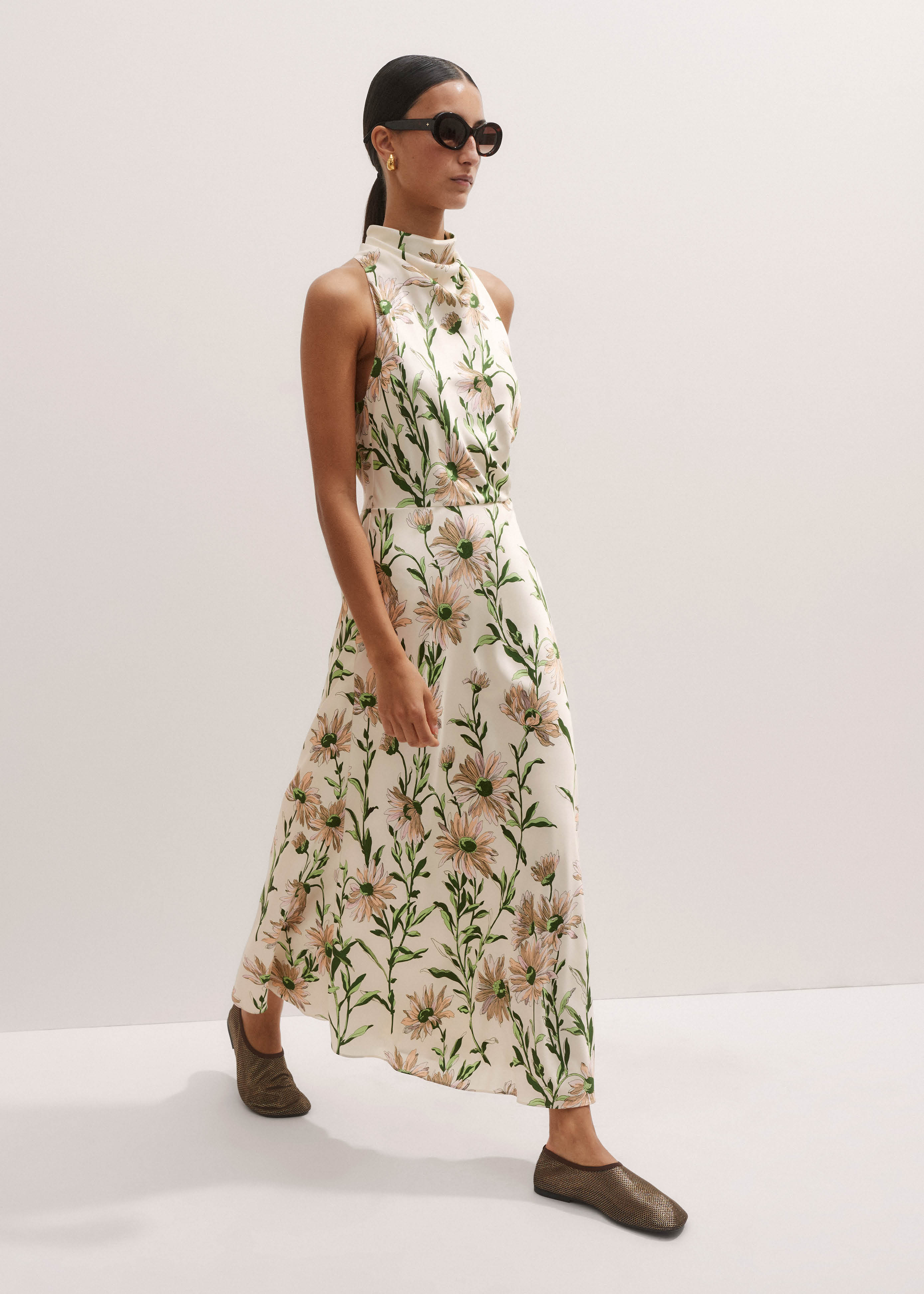 Silk Growing Daisy Print Halterneck Maxi Dress