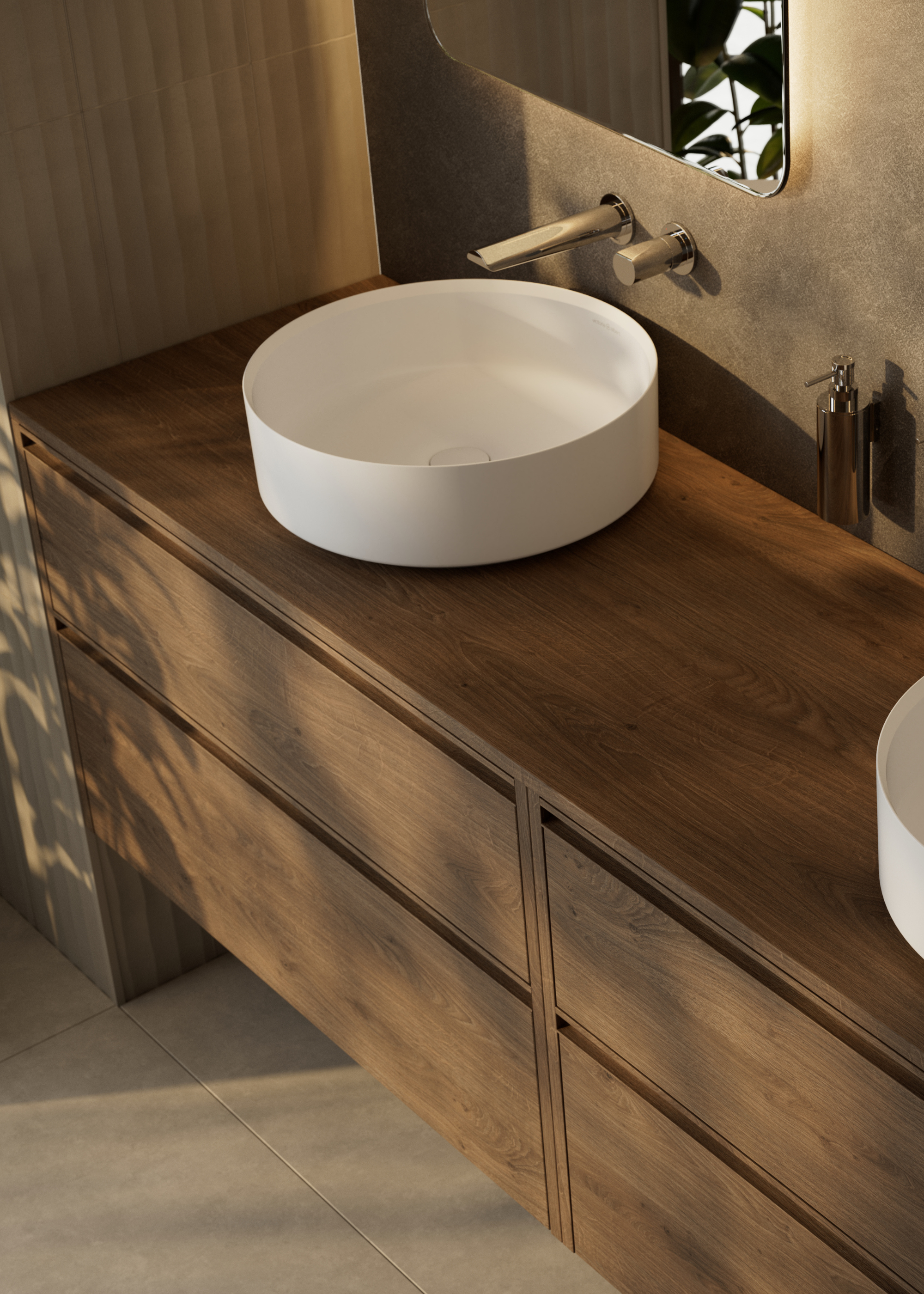 a minimalist bathroom with two round white sinks sitting on top of a wooden storage unit with a mirror above the sink and the link casting shadows of plant or tree leaves across the unit