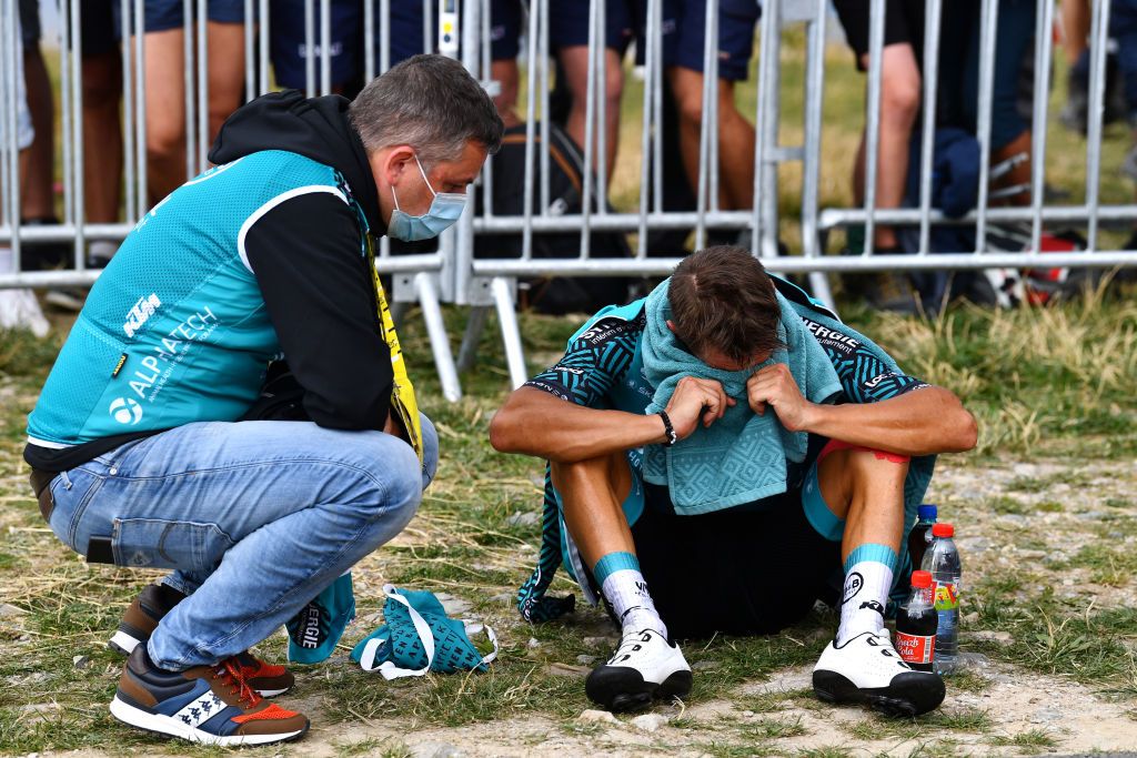 MERIBEL FRANCE SEPTEMBER 16 Arrival Bryan Coquard of France and Team BB Hotels Vital Concept Soigneur during the 107th Tour de France 2020 Stage 17 a 170km stage from Grenoble to Mribel Col de la Loze 2304m TDF2020 LeTour on September 16 2020 in Mribel France Photo by Stuart FranklinGetty Images