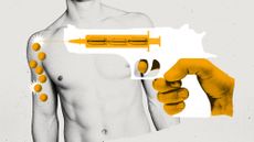 Photo composite illustration of a handgun with a syringe insert injecting peptides into a man's arm