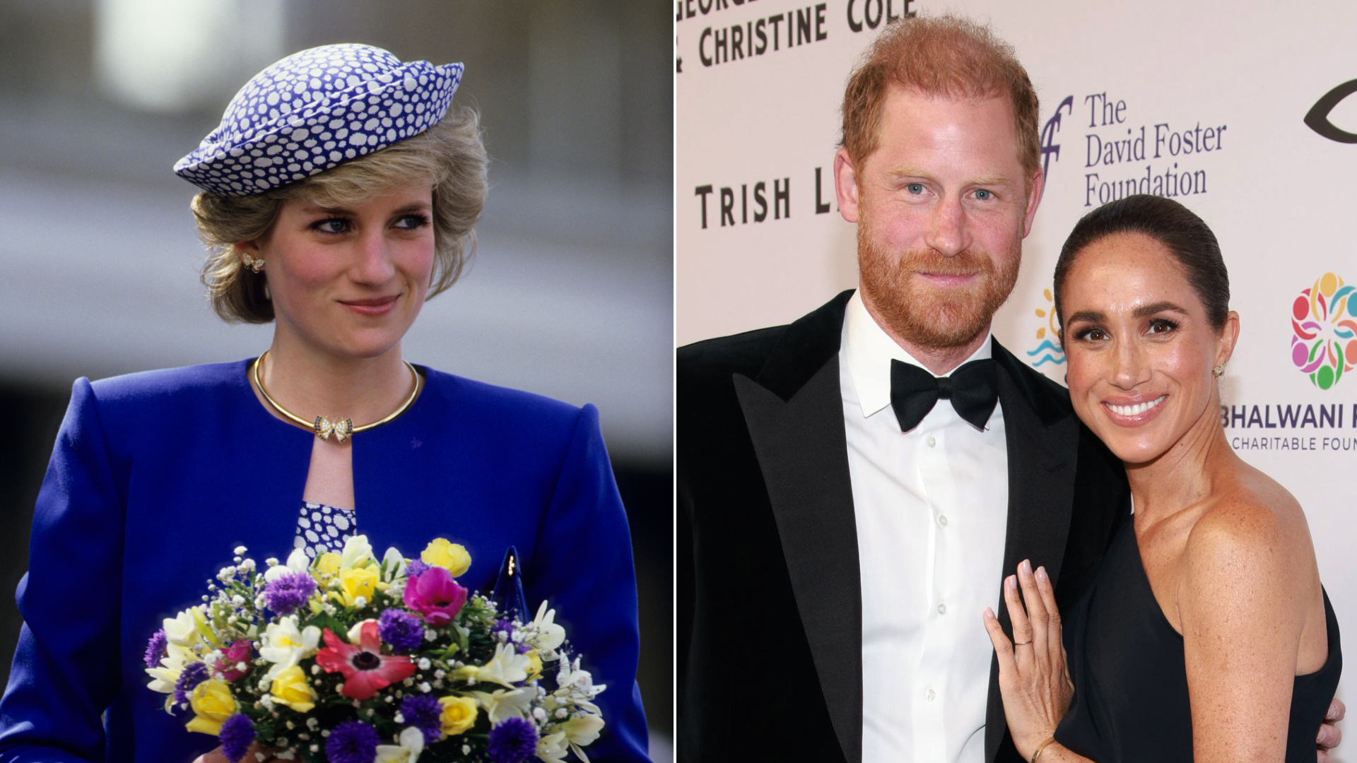 Meghan Markle wears a long black dress with Princess Diana's butterfly earrings