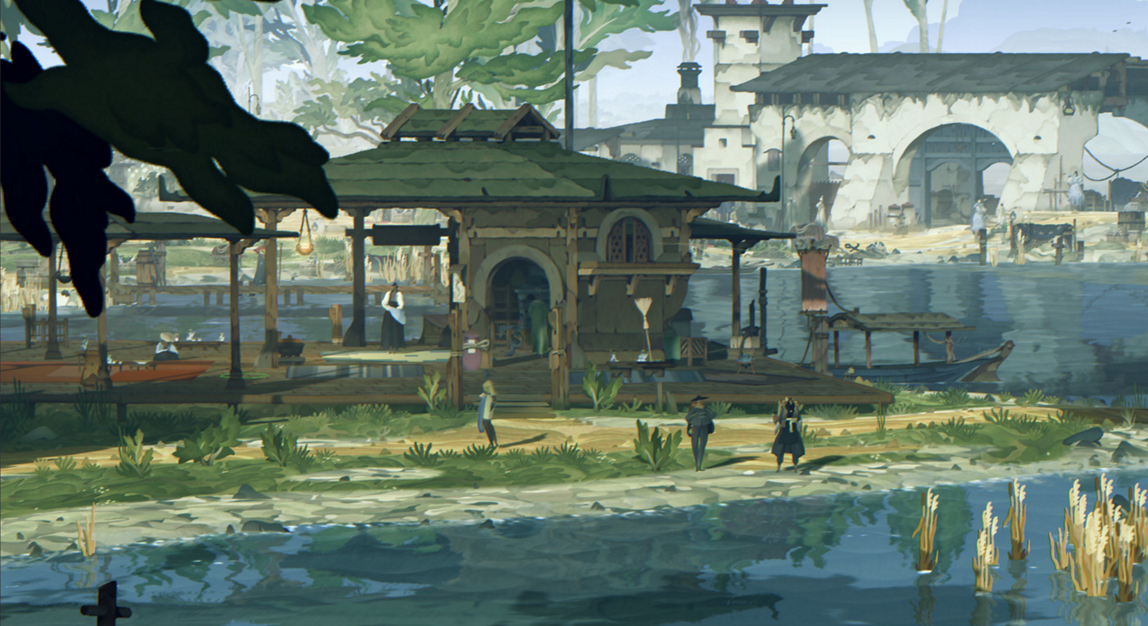 Book of Travels - several characters stand outside a teahouse in a painterly world