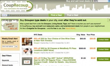 CoupRecoup is just one in a series of websites catering to those who purchased Groupon-like deals and can&amp;#039;t use them. 