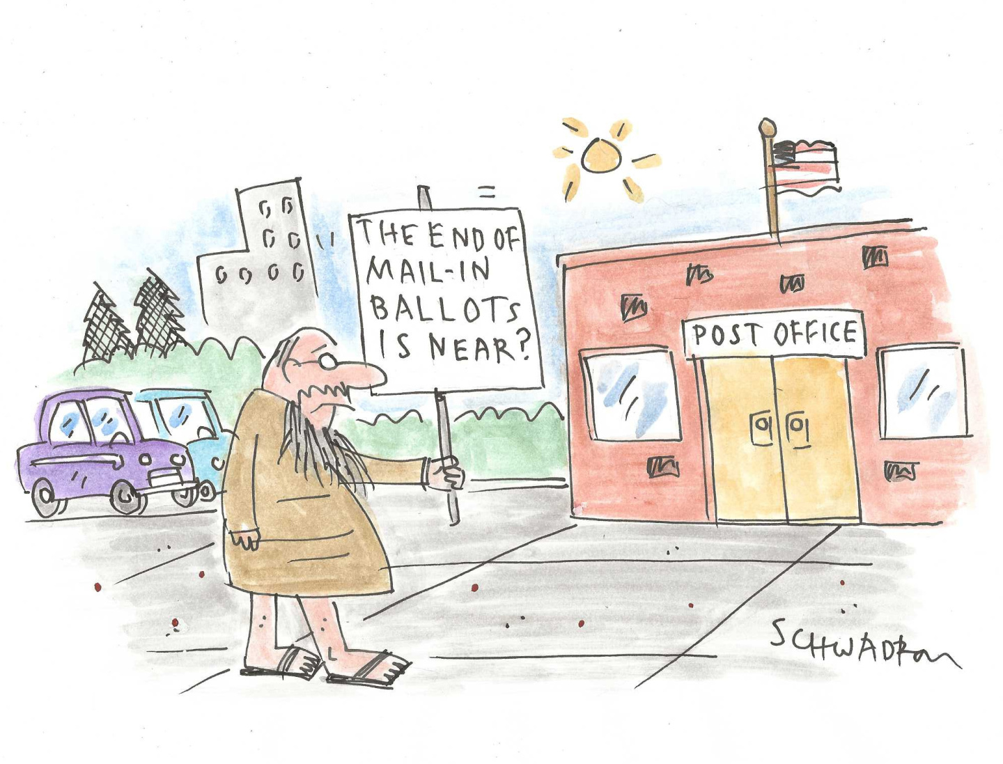 A man with a shaggy beard, sandals, and wearing a robe carries a sign outside the post office. His sign reads, &amp;ldquo;The end of mail-in ballots is near?&amp;rdquo;