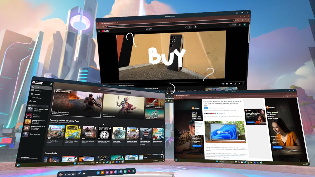 Meta Quest 3 interface showing three virtual monitors of Windows 11 PC with Xbox Game Pass app and Tom&#039;s Guide website open