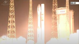 An Arianespace Vega rocket carrying two satellites for Spain and France lifts off from a pad at the Guiana Space Center in Kourou, French Guiana on Nov. 16, 2020. The rocket failed eight minutes into flight, leading to the loss of both satellites.