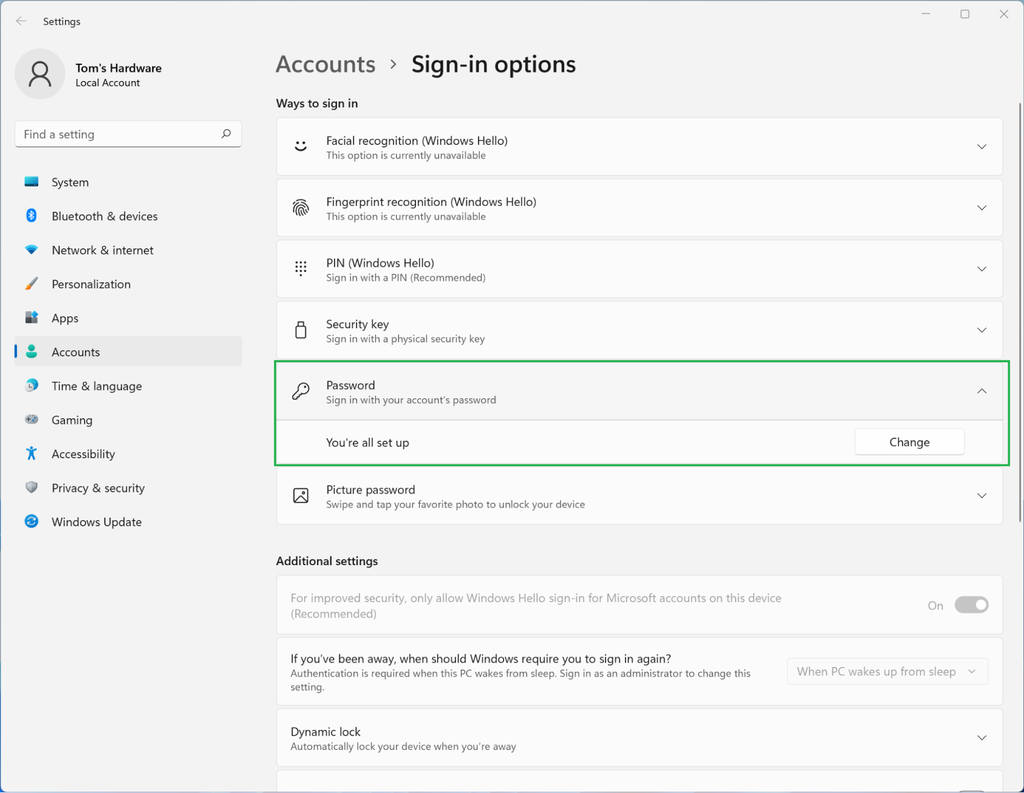 how to change windows 11 local account password