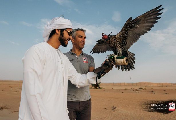 Press officer Andrea Agostini with a bird of prey