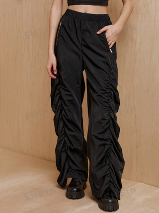 Shein x Monse Black Chain Decor Wide Leg Ruched Pants