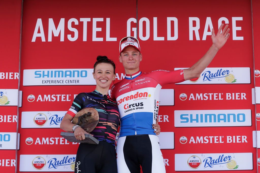 2019 Amstel Gold Race men&#039;s winner Mathieu van der Poel (Corendon-Circus) and women&#039;s winner Kasia Niewiadoma (Canyon-SRAM)