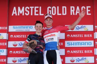 2019 Amstel Gold Race men's winner Mathieu van der Poel (Corendon-Circus) and women's winner Kasia Niewiadoma (Canyon-SRAM)