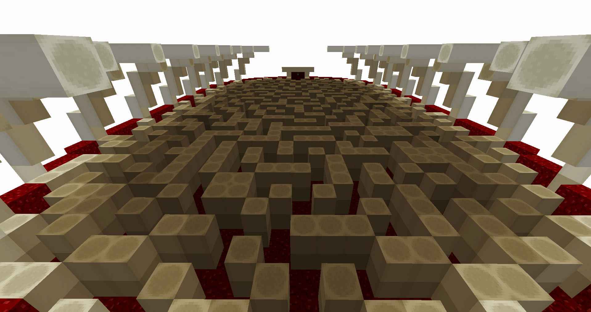A blocky maze in a bright white hall made in Minecraft