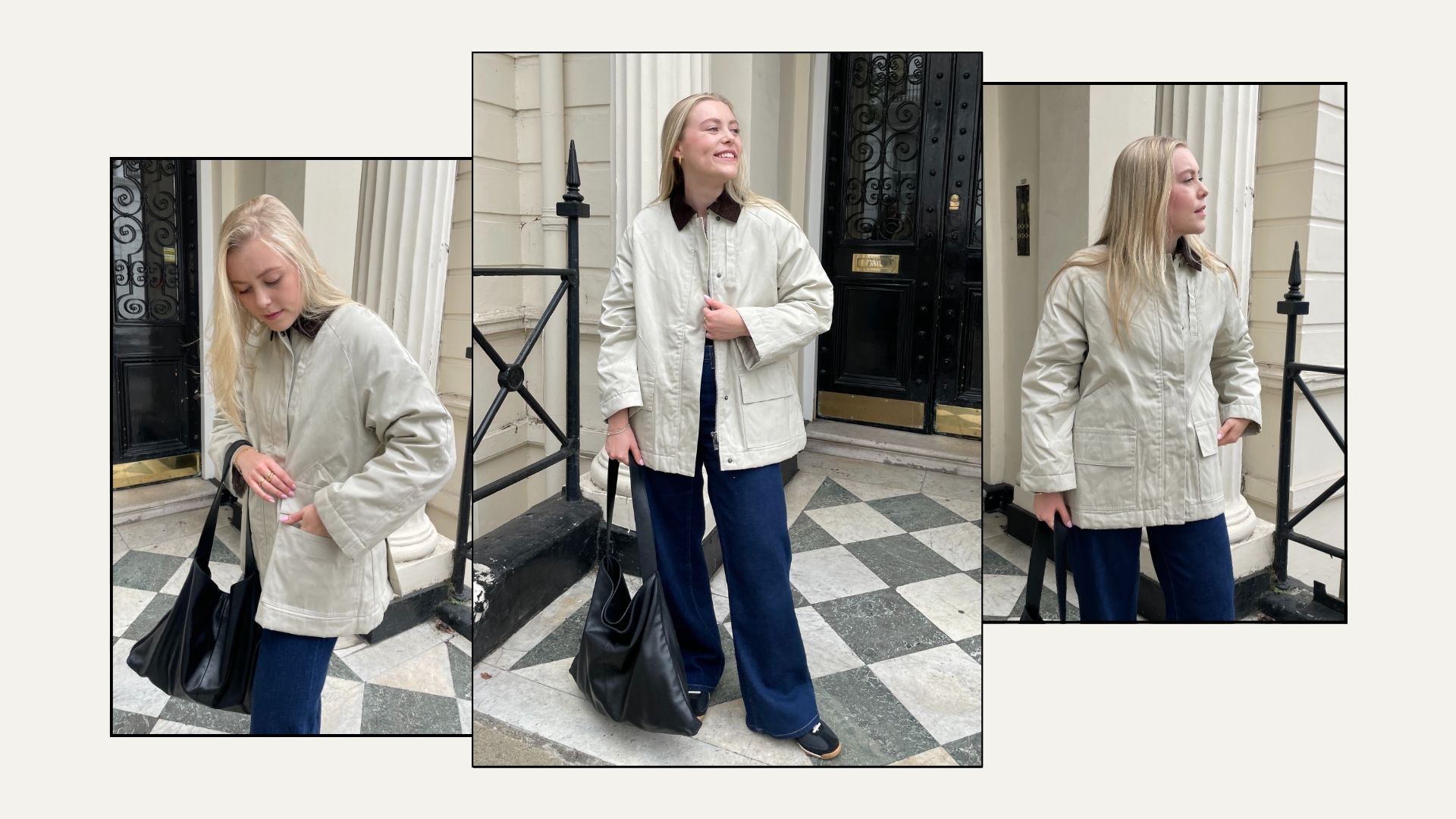 Woman wears beige canvas jacket, blue jeans and black bag 