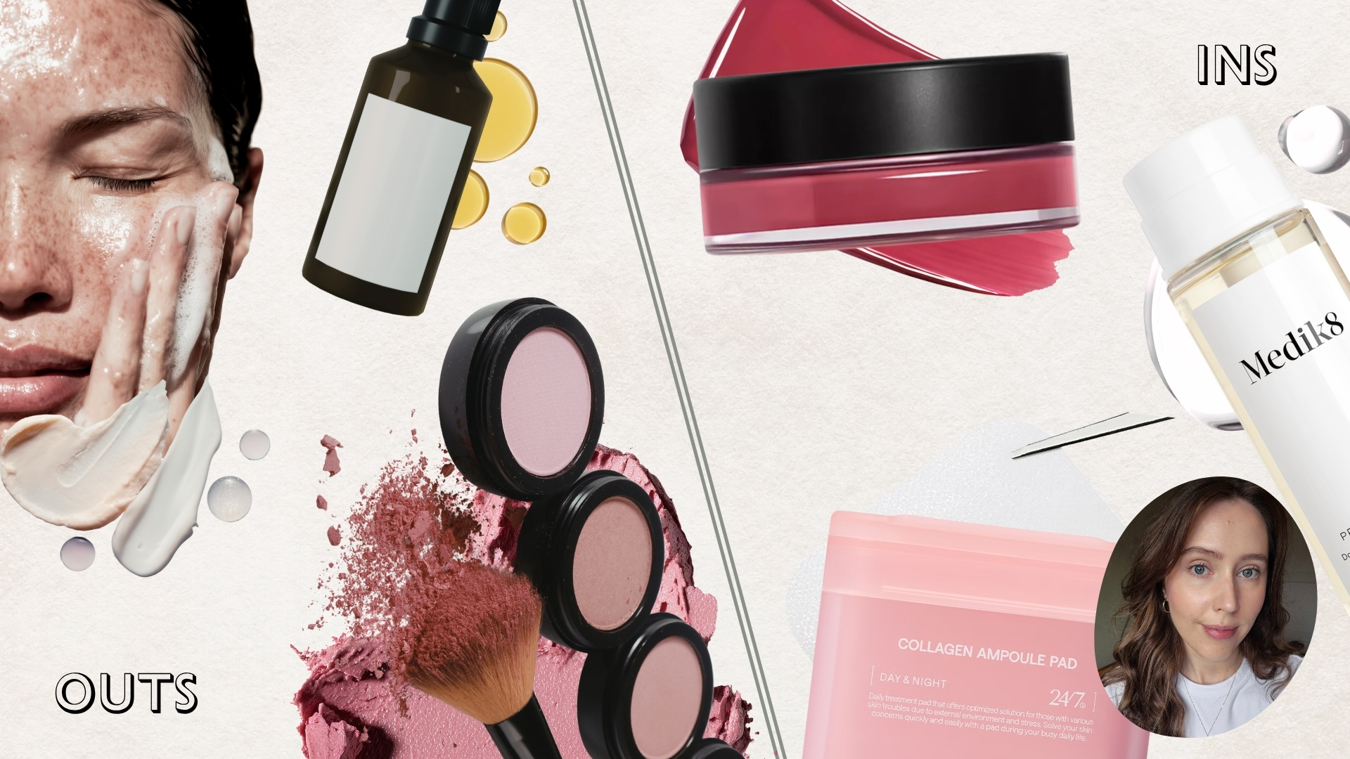 Naomi's ins and outs for spring. On the left, Naomi's outs include hard to blend blushes, inconsistent and rushing skincare routine. On the right, Naomi's ins include an easy to blend blush, taking time to do skincare routine and daily exfoliator