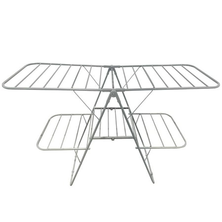 Ledrem Foldable 2-Tier Clothes Drying Rack, Free-Standing Laundry Airer With 4 Adjustable Wings, 33 Rails &amp;amp; 27 Sock Clips, Space-Saving for Blankets,towels, No Assembly, Gray