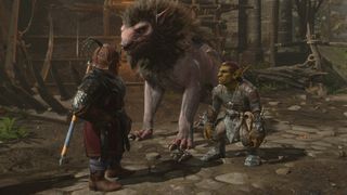Baldur's Gate 3 player character talking to goblin at encampment