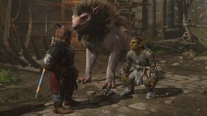 Baldur's Gate 3 player character talking to goblin at encampment