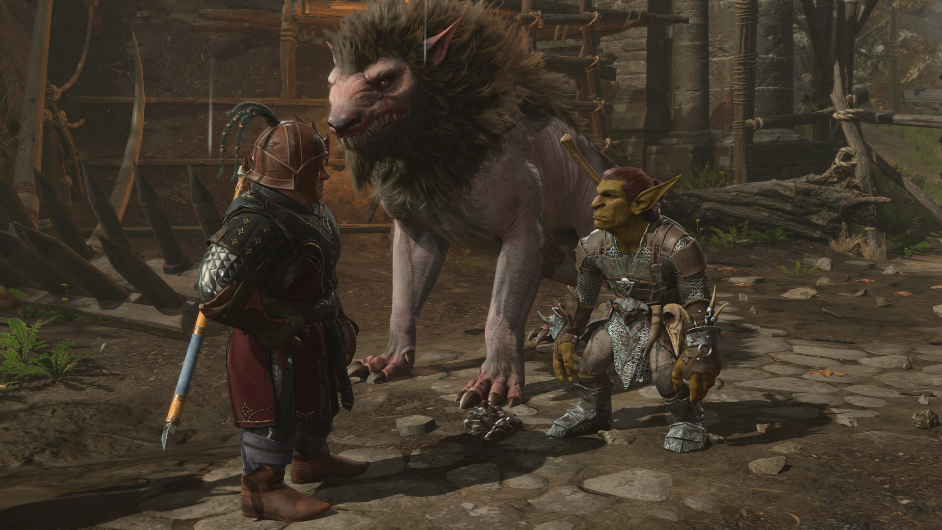 Baldur&#039;s Gate 3 player character talking to goblin at encampment