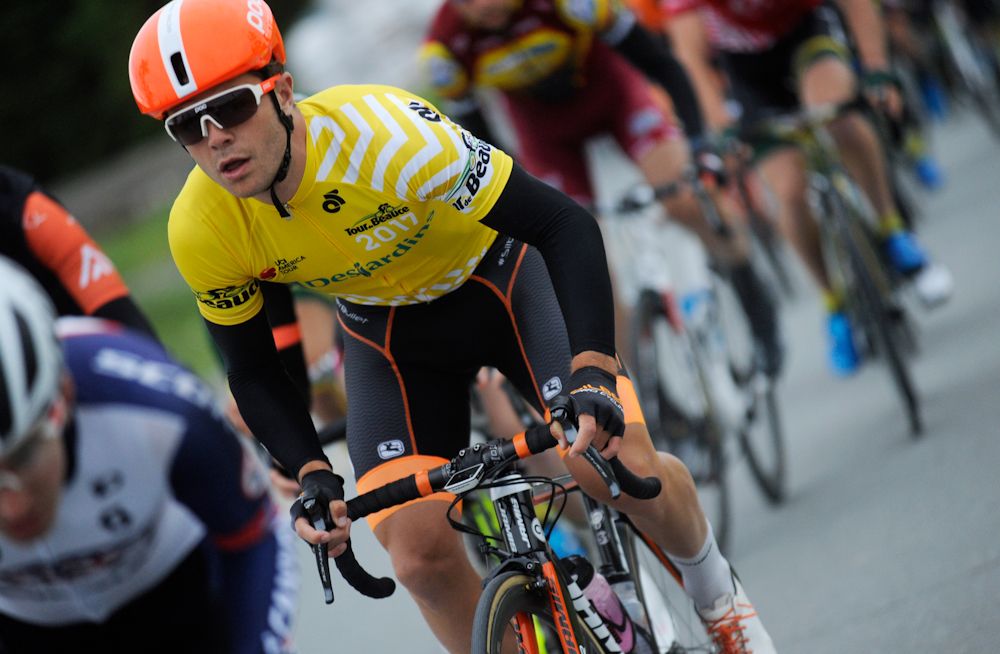 Alec Cowan in yellow during stage 3b at Tour de Beauce
