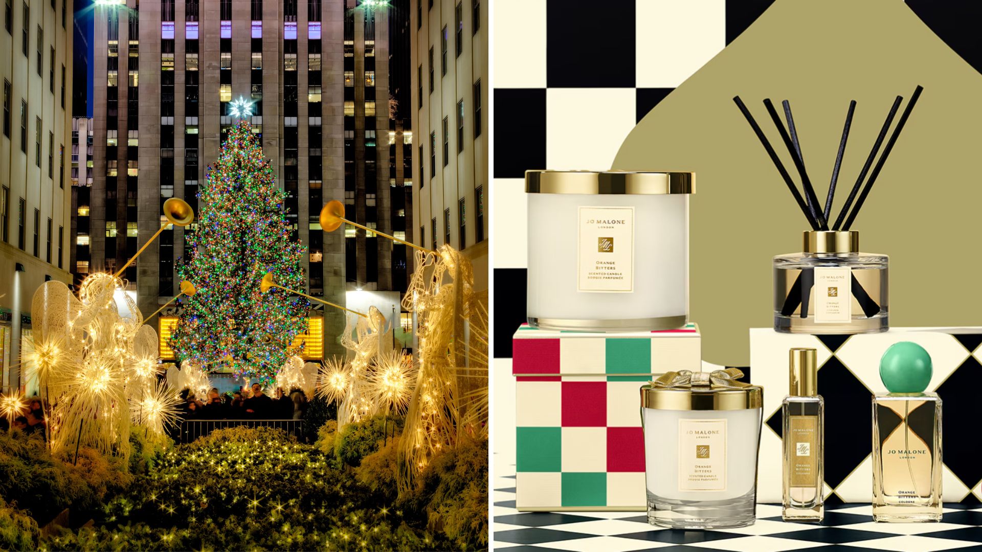The Christmas tree at the Rockefeller Center in New York and a collection of Jo Malone products