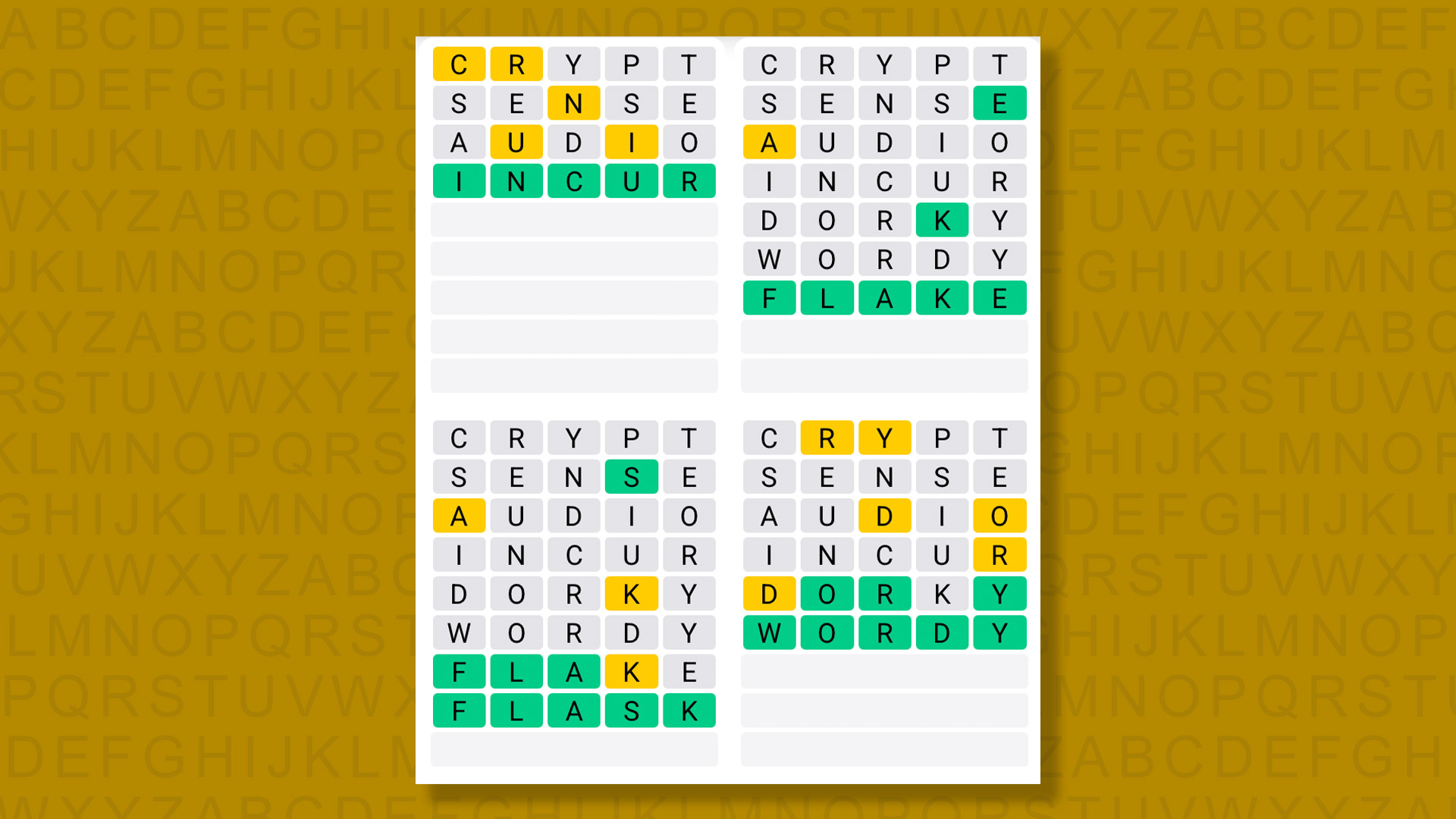 Quordle answers for game 1540 on a yellow background