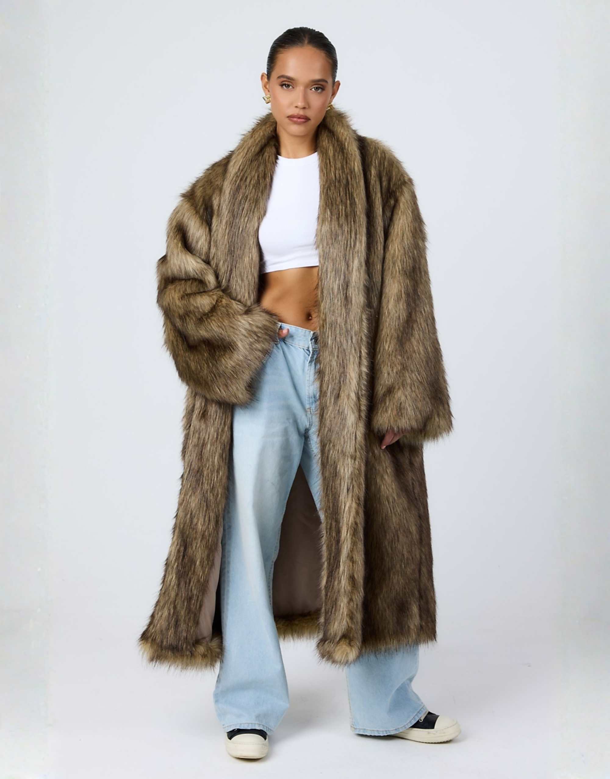 Aria Cove Faux Fur Collarless Oversized Longline Coat in Brown Tipped Fur