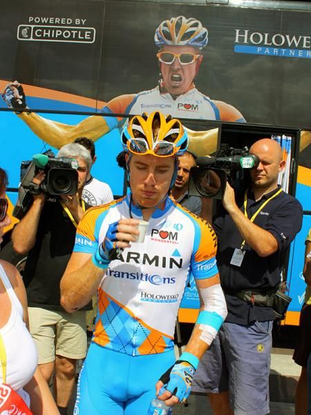 Tyler Farrar (Garmin - Transitions) emerges from the team bus badly beaten after hitting the deck yesterday.