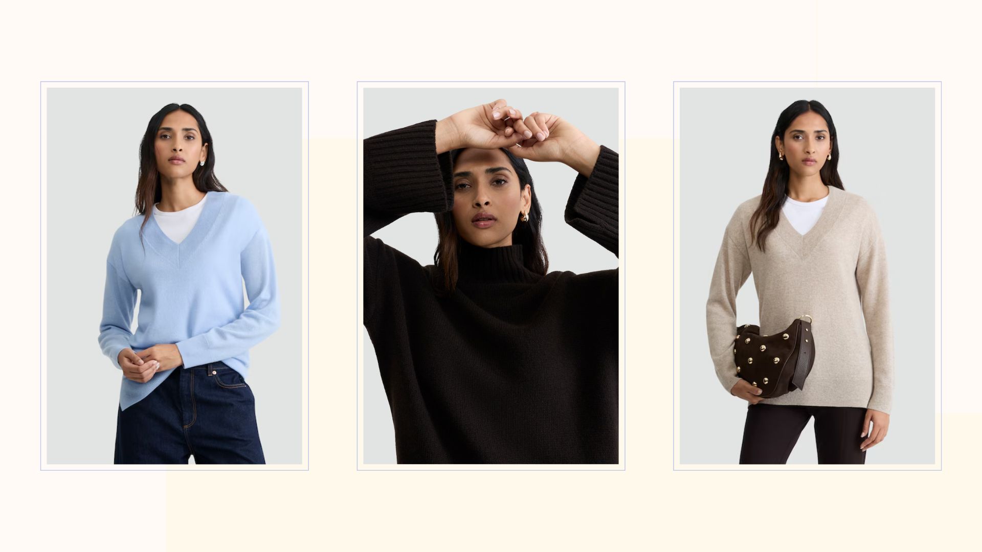 a trio of cashmere sweaters on a model