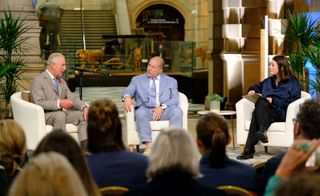 Portrait of Prince Charles, Jony Ive and Sarah Douglas at the Kelvingrove Museum, Glasgow, discussing Terra Carta Design Lab during COP26
