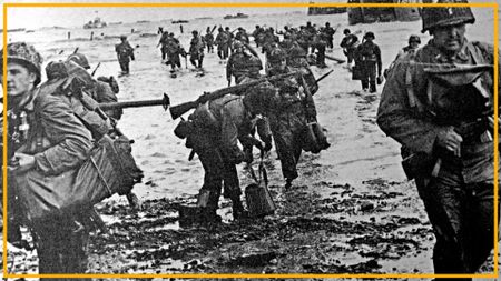 A black and white photo of soldiers in World War II uniforms walking up a beach.