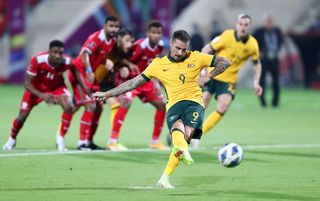 Jamie Maclaren taking a penalty against Oman