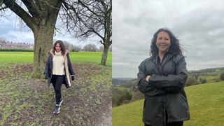 Susan Griffin walking through local park around the trees and across grassy hill in waterproof jacket