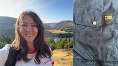 Susan Griffin wearing Fj&auml;llr&auml;ven, hiking along hill in mountainous area, smiling