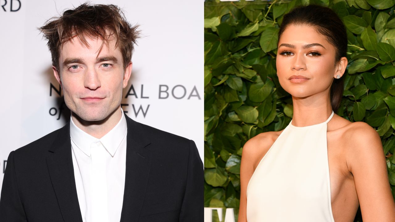 Robert Pattinson in a black suit jack and white shirt at The National Board of Review Annual Awards Gala in January 2025; Zendaya in a white halter gown at the Gotham Awards in December 2024