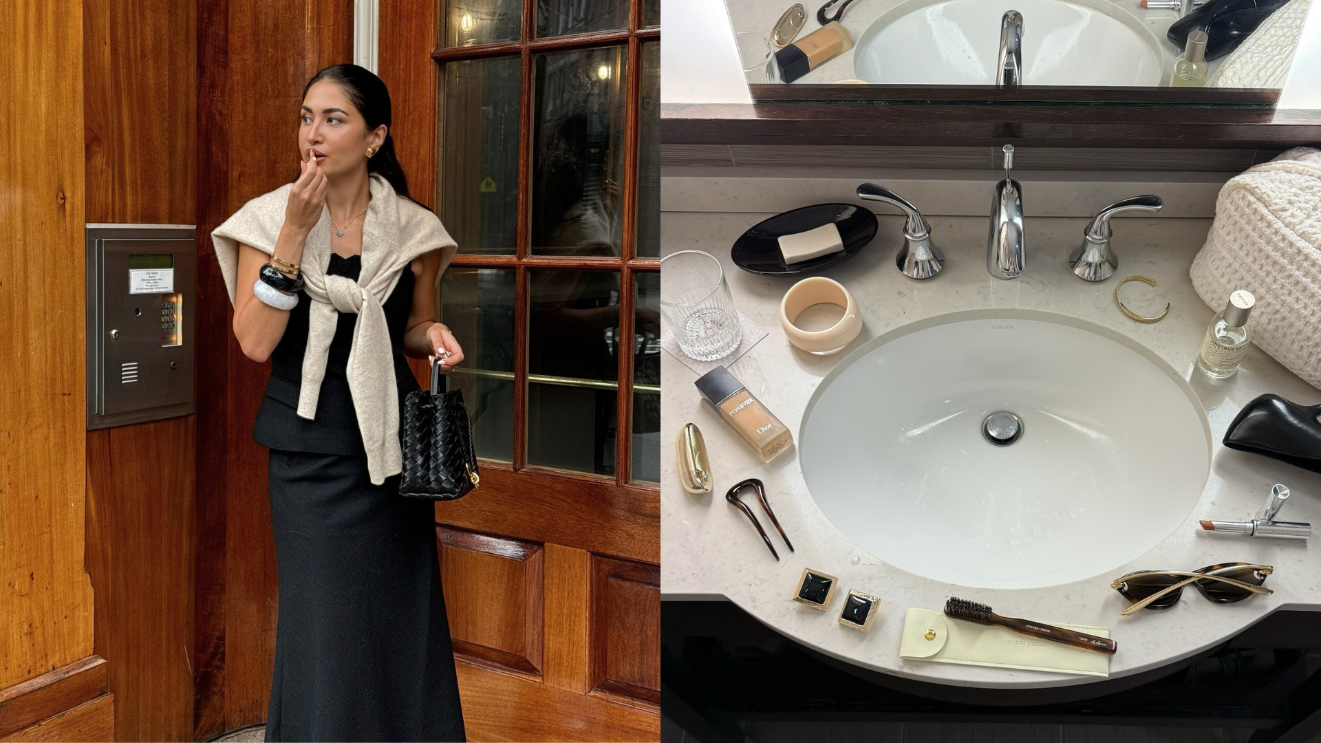 Collage of a woman applying lipstick and beauty products on a bathroom sink