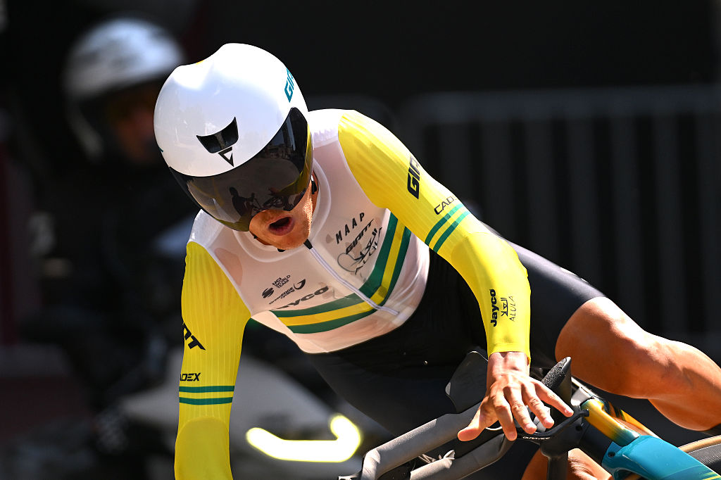TIRANA ALBANIA MAY 10 Luke Plapp of Australia and Team Jayco AlUla crashes during the 108th Giro dItalia 2025 Stage 2 a 137km individual time trial stage from Tirana to Tirana UCIWT on May 10 2025 in Tirana Albania Photo by Tim de WaeleGetty Images