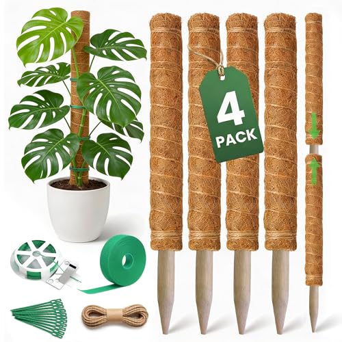 4 Pack 16" Moss Pole Monstera Plant Support - Stackable Up to 48" - Plant Stakes for Indoor Climbing Plants Potted - Tall Coco Coir Pole Sticks &amp;amp; Accessories for Monstera, Pothos &amp;amp; Philodendron