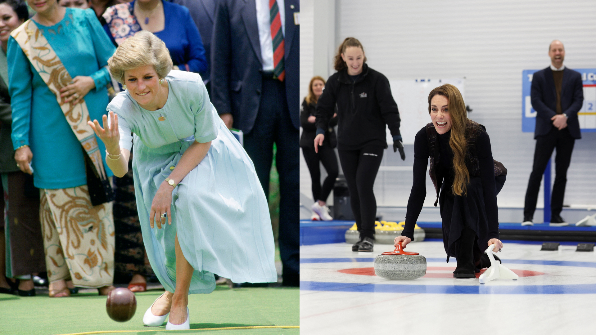 Princess Kate curling on ice; Princess Diana wearing a dress playing lawn bowling