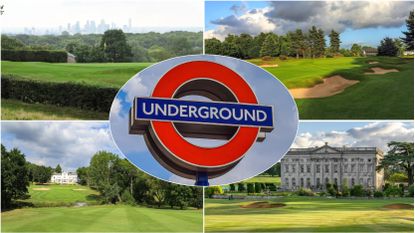 London Underground sign and four golf courses in a montage