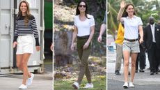 Composite of three pictures of Kate Middleton wearing white Superga Cotu Classic Trainers on different occasions in Plymouth in 2022, Belize in 2022 and in The Bahamas in 2022