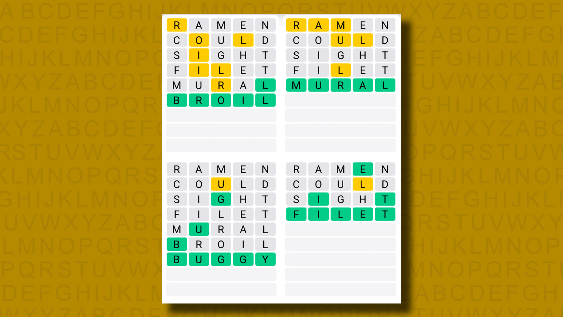 Quordle answers for game 1326 on a yellow background