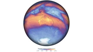 This map depicts measurements of outgoing longwave radiation in November 2019. The data on Australia's heat emission comes from the Clouds and the Earth's Radiant Energy System on board NASA's Terra satellite.